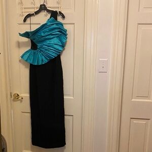 Lillie Rubin Black and Teal Prom Dress one shoulder with flower 80s